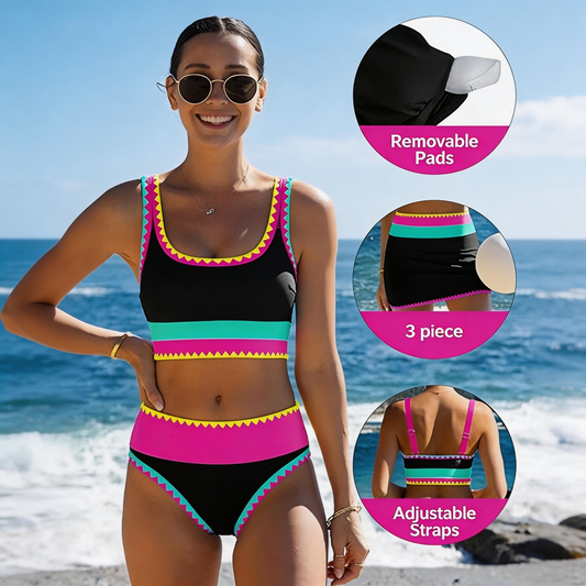 🌼Color Block Patchwork Nylon Sporty 3-Piece Bikini Set - High Waisted & Tummy Control Swimsuit👙🌈