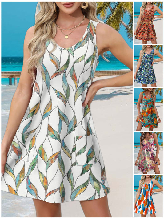 💖LAST DAY SALE 50% OFF💖Summer Printed V-Neck Sleeveless Beach Dress