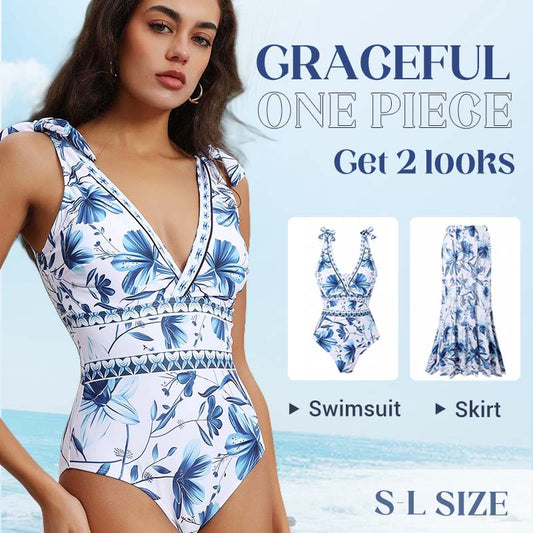 🥳2026 HOT SALE🥳💞50K+ SOLD!👵🌊50% OFF! V-Neck Lace Up One Piece Swimsuit with Skirt – Feel confident at the beach! Built-in skirt offers gentle coverage. Lace-up neck, adjustable fit. Quick-dry fabric, comfy all day. 🏖️🌸