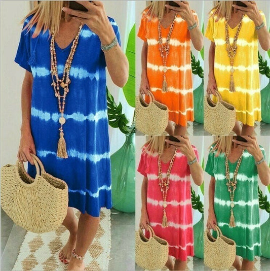 👗Tie-Dye Striped Short Sleeve T-Shirt Dress – Soft & flowy – Perfect for summer, beach or casual days – comfortable and stylish 🌊✨