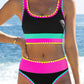 🌼Color Block Patchwork Nylon Sporty 3-Piece Bikini Set - High Waisted & Tummy Control Swimsuit👙🌈