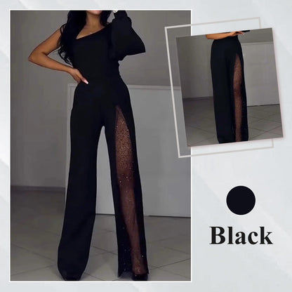 ✨50% OFF👠Sparkling One Shoulder Mesh Flared Jumpsuit🖤