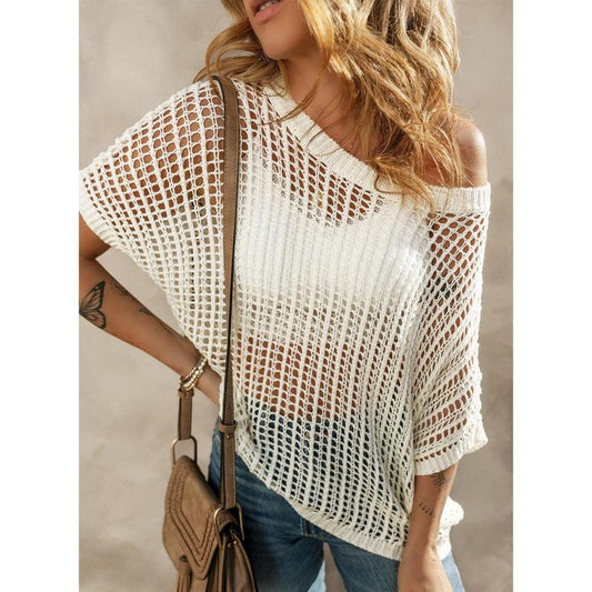 🥰Summer Hot Sale🌿Womens Casual Short Sleeve Hollow Out Pullover Knit Tops