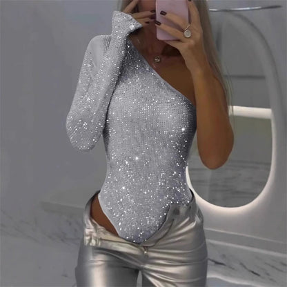🎉👗Women's One Shoulder Sequin Bodysuit