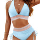 👙High Waisted Tummy Control Colour Block Bikini Sets