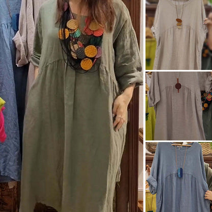 💃Women's Casual Loose Round Neck Solid Color Dress with 3/4 Sleeves & Pockets