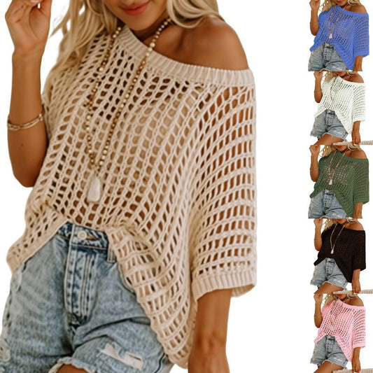 ⏰Womens Casual Short Sleeve Hollow Out Pullover Knit Tops