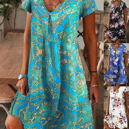 ✨2026 Hot Sale⌛Women’s Elegant Floral Print V-Neck Long Dress