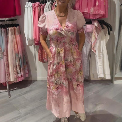 Women's Elegant Floral Print V-Neck Long Dress