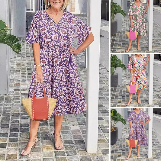 V-Neck Printed Midi Dress