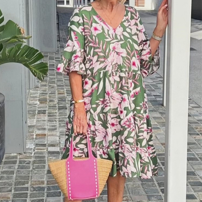 V-Neck Printed Midi Dress