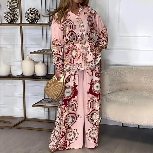 Women’s Ethnic Print Top & Wide Leg Pants 2-Piece Set