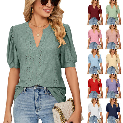 📢📢50% OFF !!!⏰Loose Solid Color T-Shirt Top with Hollow Bubble Sleeves
