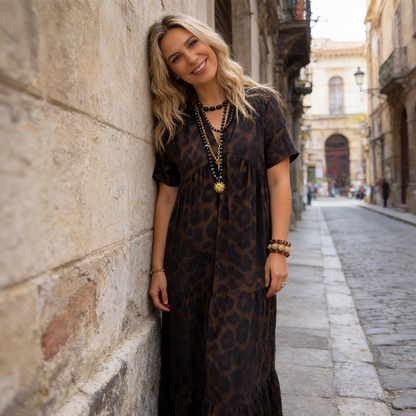 ✨Summer Hot Sale-50% Off!!👗📿Women's V-Neck Leopard Print Maxi Dress