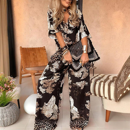 👚👖49% off❤Women's Casual Printed V-Neck Top & Trousers Set