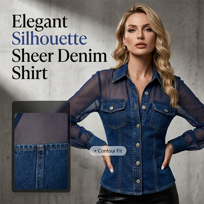 ✨ Fresh Drop 💙 Tailored Waist Denim Top with Sheer Panels – Elegant Work-to-Weekend Style 👖