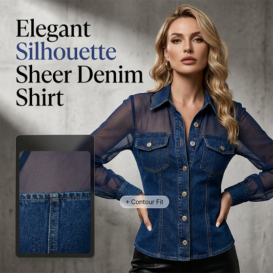 ✨ Fresh Drop 💙 Tailored Waist Denim Top with Sheer Panels – Elegant Work-to-Weekend Style 👖
