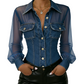 ✨ Fresh Drop 💙 Tailored Waist Denim Top with Sheer Panels – Elegant Work-to-Weekend Style 👖