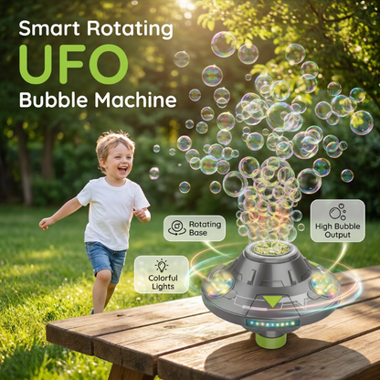 📢📢49% OFF !! ⏰ Smart Rotating UFO Bubble Machine – 360° Rotation, RGB Lights, Obstacle Avoidance ✨