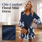 Women V Neck 3/4 Sleeve Floral Print Mini Dress Casual A-Line Tunic Dress