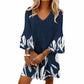 Women V Neck 3/4 Sleeve Floral Print Mini Dress Casual A-Line Tunic Dress