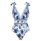 🩱V Neck Lace Up Printed One Piece Swimsuit and Skirt
